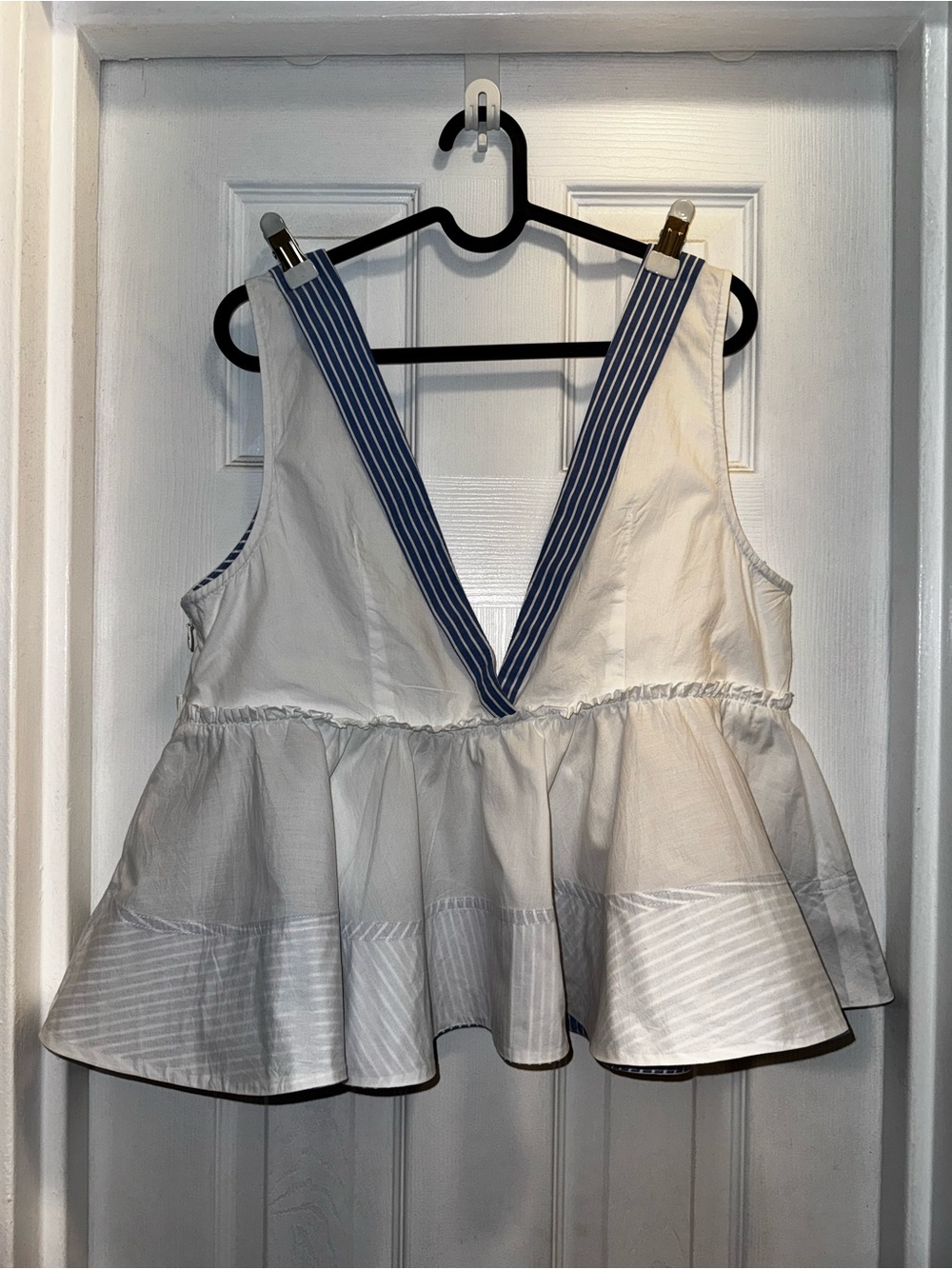 Maeve White Crop Peplum Top with Blue Striped V-Straps